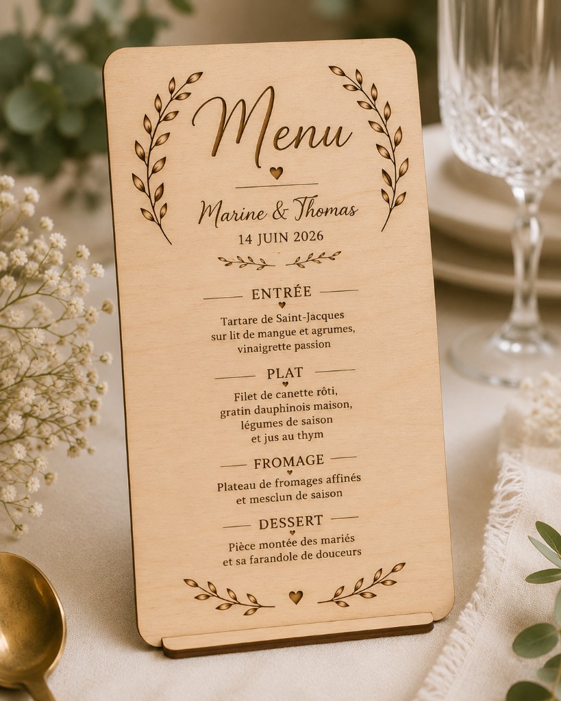 Menu de mariage gravé