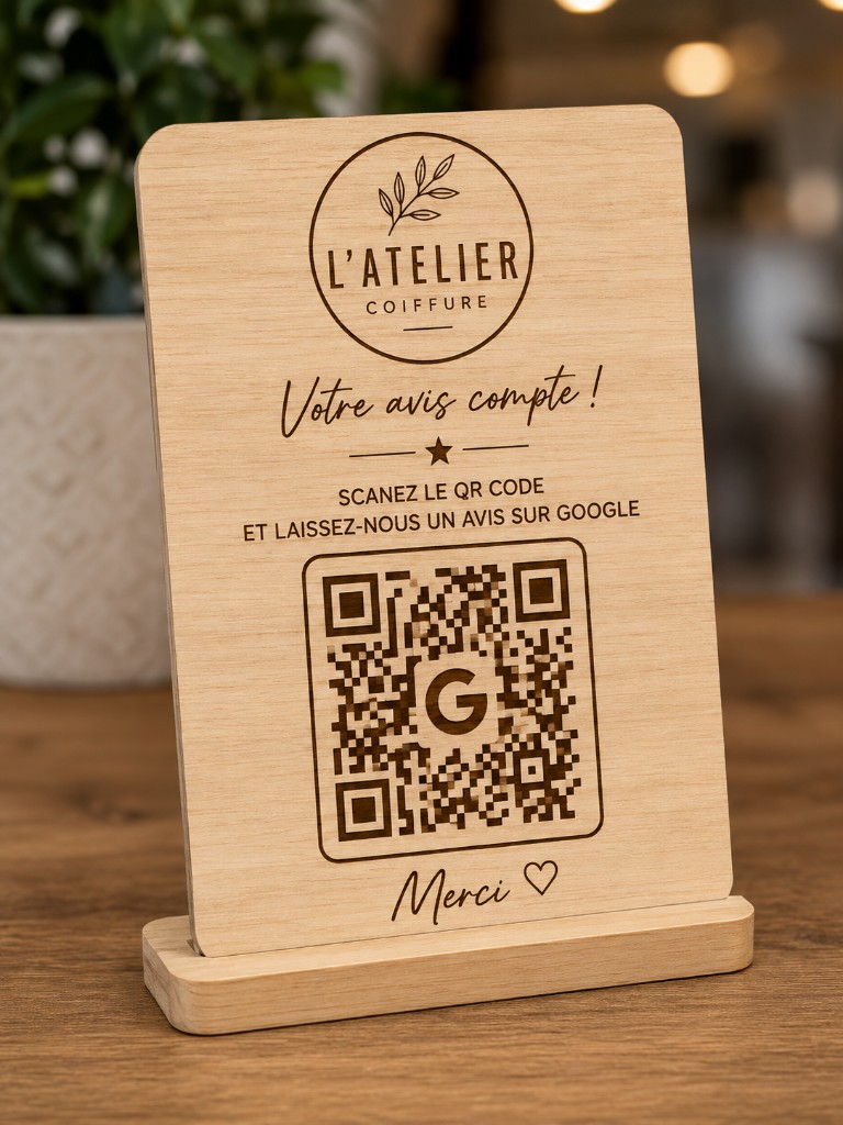 Plaque QR Code avis Google sur comptoir