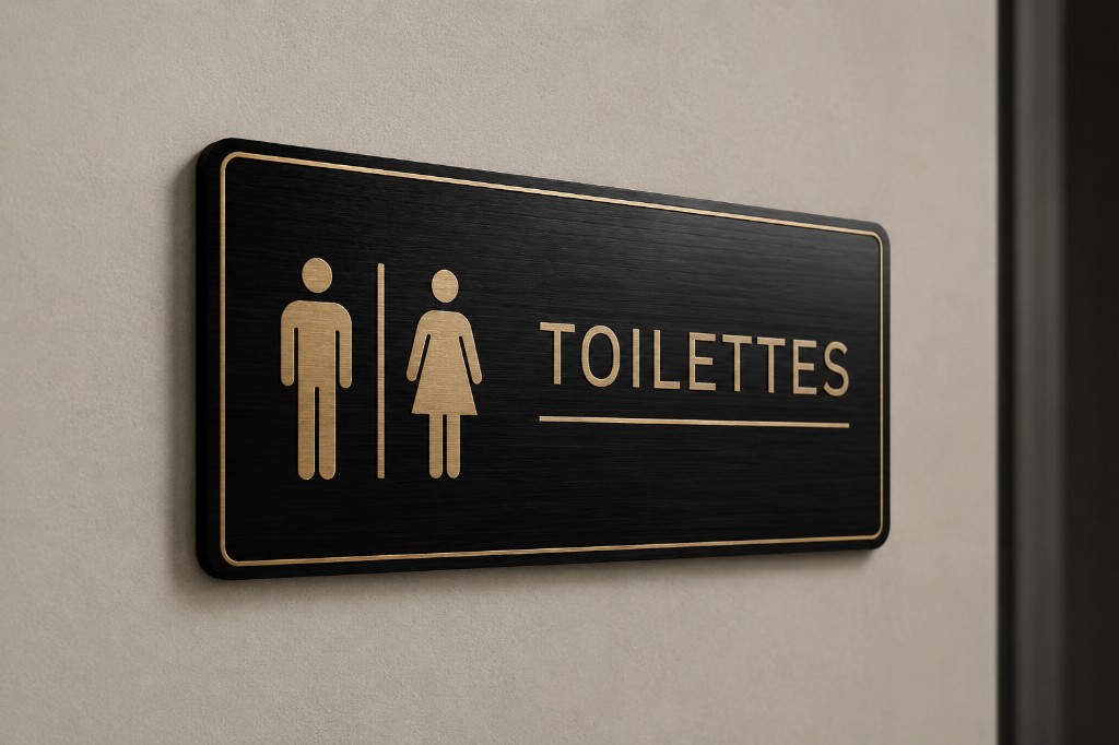 Plaque signalétique Toilettes en métal brossé avec pictogrammes dorés